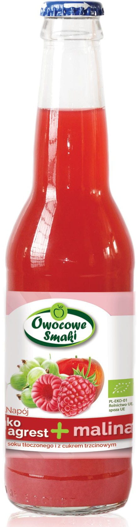 Bio Apfel-Stachelbeer-Himbeer-Getränk von OWOCOWE SMAKI in 330 ml Flasche, fruchtiger Bio-Drink mit Beerengeschmack