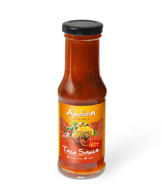 Glutenfreie scharfe Taco-Sauce von AMAZIN in 220 g Glas, cremige Textur mit roter Farbe und frischen Gewürzen.