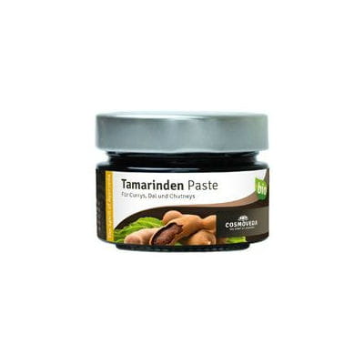 Bio Tamarindenpaste von COSMOVEDA in 135 g Packung, cremige braune Tamarindenpaste für Kochrezepte, Nahaufnahme