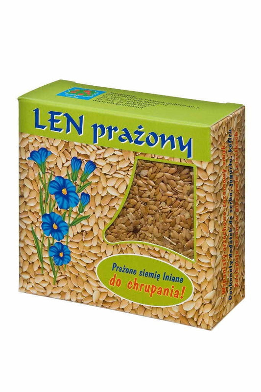 Geröstete Leinen von EKOPRODUKT, 150 g, Nahaufnahme des gerösteten Leinenkorns in einer transparenten Verpackung
