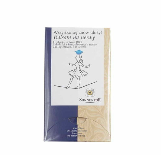 BIO Nervenbalsam von SONNENTOR, 18 kleine Tiegel mit je 1,5 g, zeigt die Verpackung und die Inhaltsstoffe.