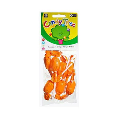 Runde glutenfreie Orangenlutscher mit Orangengeschmack von CANDY TREE, 7 Stück à 10 g in einer Packung.