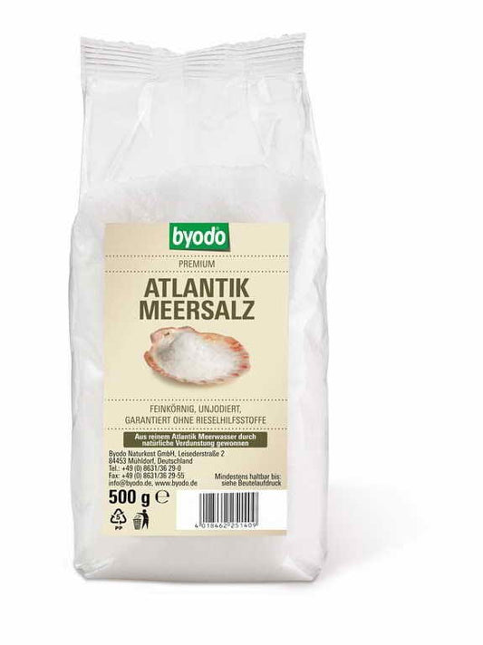 Hellrosa Atlantiksalz in 500 g Verpackung von BYODO, grobkörniges Meersalz für Kochen und Würzen