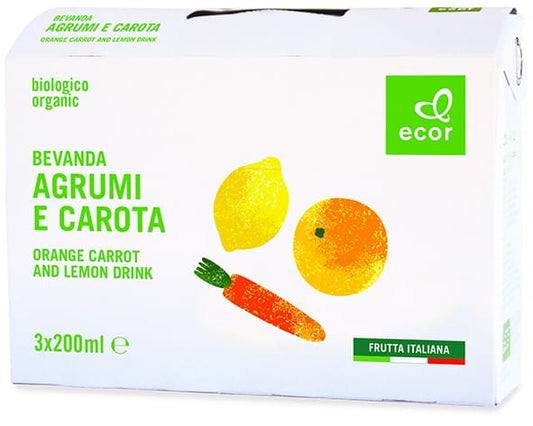 Bio Zitrus- und Karottengetränk von ECOR in drei 200 ml Flaschen, fruchtig und frisch, ideal für gesunden Durstlöscher