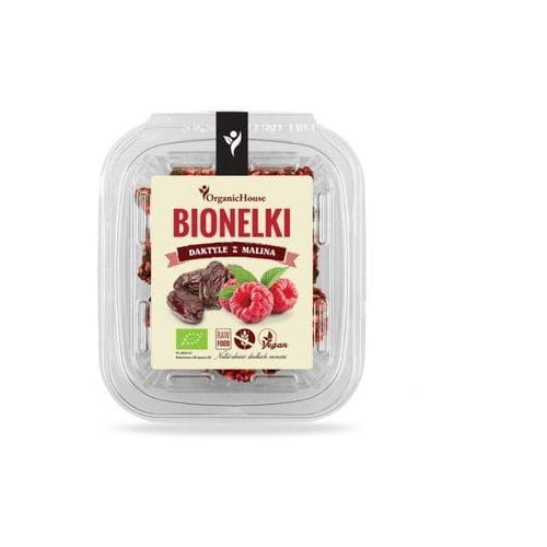 Bio Datteln mit Himbeere von ORGANICHOUSE, 80 g, frische Datteln mit Himbeergeschmack in Verpackung.