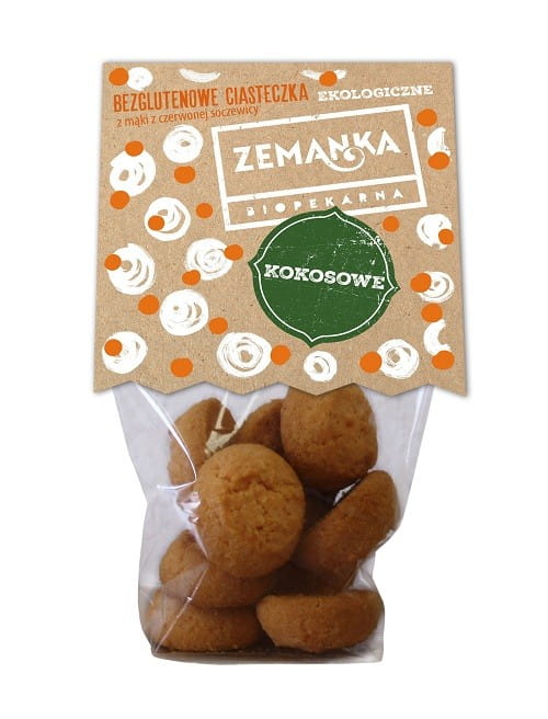 Glutenfreie Kokoskekse mit rotem Linsenmehl von ZEMANKA, Bio, 100 g, knusprige Kekse auf weißem Hintergrund