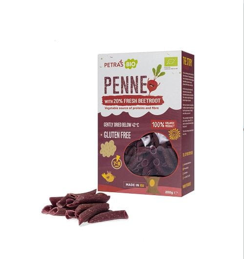 Roh, glutenfreie Buchweizen-Penne mit roter Bete und goldenem Lein, BIO, 200 g, von PETRAS BIO.