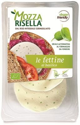 Veganer Mozzarella aus gekeimtem Vollkornreis in Scheiben mit Basilikum BIO 80 g MOZZARISELLA