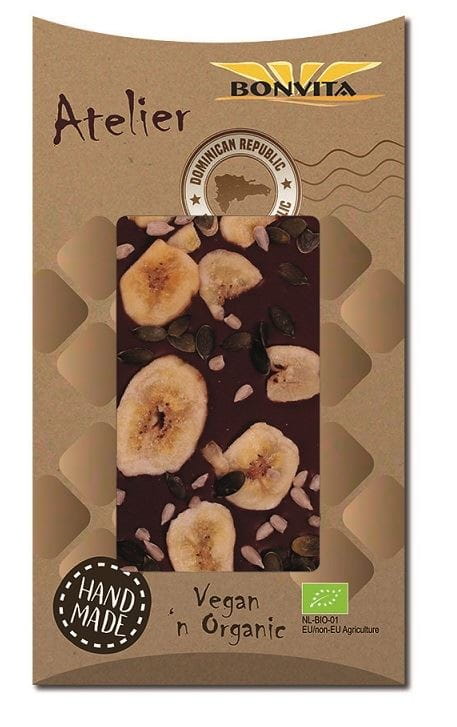 Bio glutenfreie Schokolade mit Bananenchips, Kürbis- und Sonnenblumenkernen von BONVITA, 90 g, Nahaufnahme der Schokoladentafel.