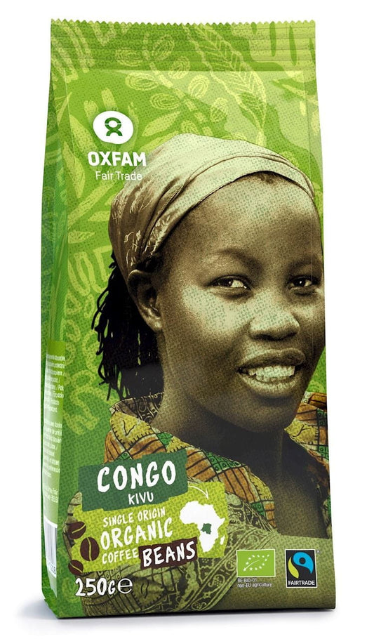 Arabica-Kaffeebohnen aus Kivu, fair gehandelt und biologisch, in 250 g Verpackung, von OXFAM, sichtbar in der Packung