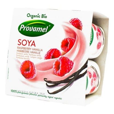 Himbeer-Vanille-Sojajoghurt BIO von PROVAMEL, 4x125 g, cremiger pflanzlicher Joghurt mit Früchten und Vanillegeschmack.