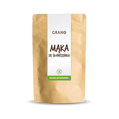 Glutenfreies Sonnenblumenmehl von GRANO, 500 g, fein gemahlenes Mehl für glutenfreie Backrezepte, Nahaufnahme der Verpackung