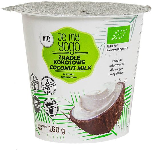 Geronnene, glutenfreie Bio-Kokosnuss, 160 g, von YOGO, zeigt getrocknete Kokosstücken in einer Packung