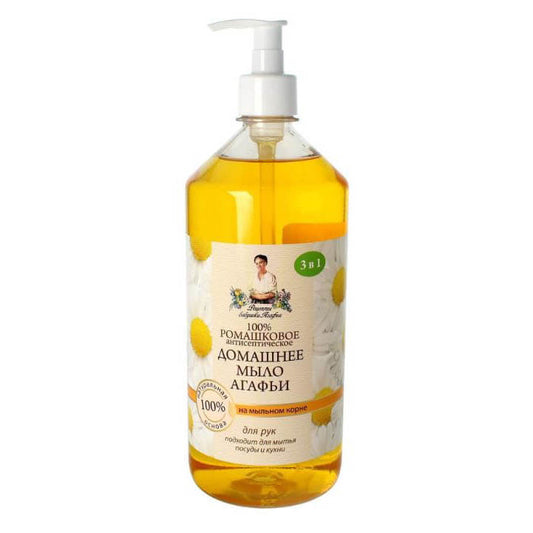 Hausgemachte Kamillenseife mit medizinischem Seifenkraut von AGAFI, 1000 ml, cremige Textur und natürliche Inhaltsstoffe.