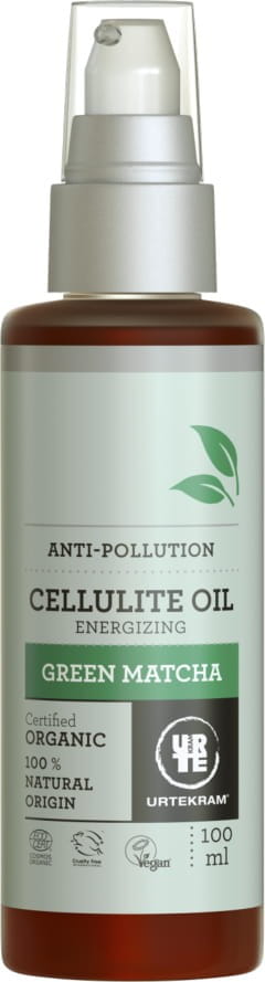 Anti-Cellulite-Öl mit grünem Matcha von URTEKRAM, 100 ml, Flasche mit grünem Öl und Matcha-Elementen.