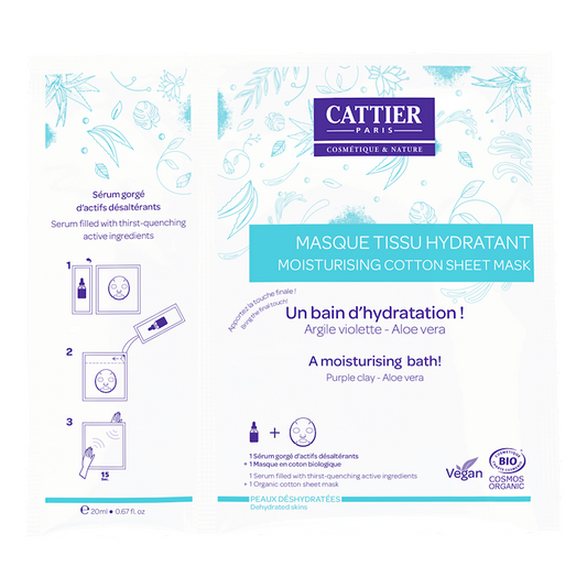 Feuchtigkeitsspendende Kompressenmaske von CATTIER, sanfte Hautpflege mit feuchtigkeitsauffüllender Wirkung.