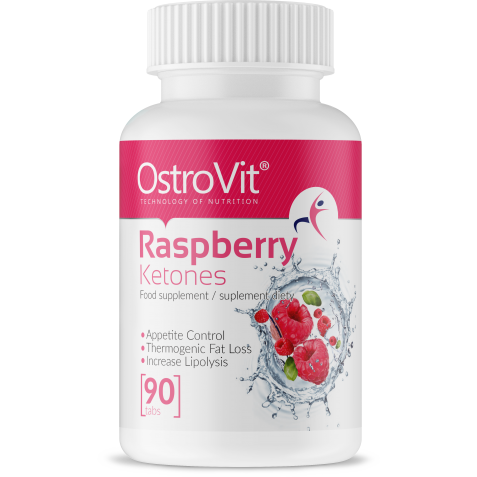 Himbeerketone Tabletten von OSTROVIT, 3D Ansicht, Verpackung mit 90 Himbeerketon-Tabletten, natürliche Ergänzung.