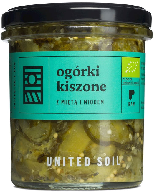 Eingelegte Gurken mit Minze und Honig von UNITED SOIL in einem Glas, BIO-zertifiziert, 290 g, frisch und aromatisch.
