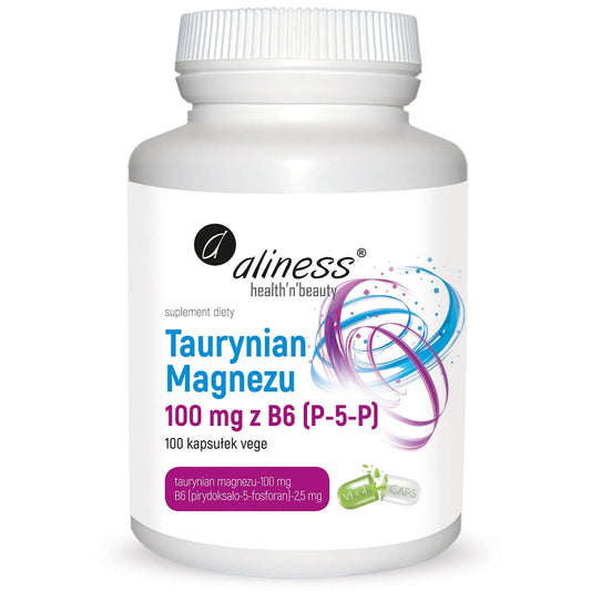 Vegane Magnesiumtaurat 100 MG mit B6 Pyridoxal 5-Phosphat in 100 Kapseln, von ALINESS für Muskel und Nerven Unterstützung