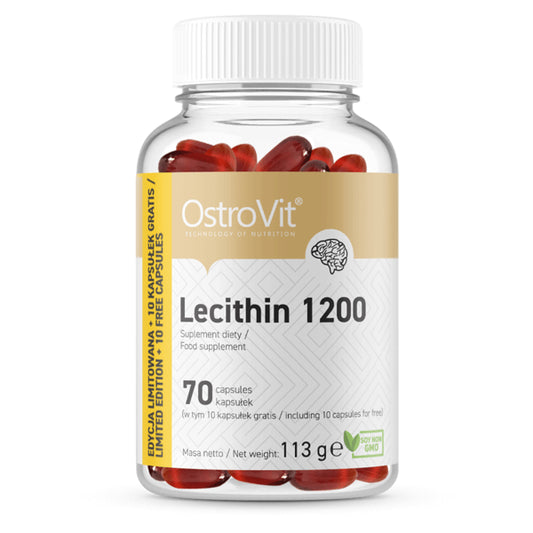 Vegetarische Sojalecithin-Kapseln von OSTROVIT, 1200 MG, 70 pflanzliche Kapseln, 113 g, auf weißem Hintergrund.