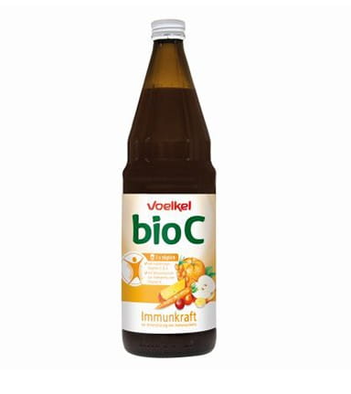 Bio C Saftmischung von Völkel zur Stärkung des Immunsystems, 750 ml Flasche, natürliche Zutaten, klare Produktflasche.
