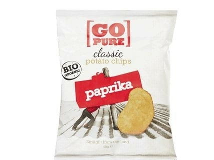 Glutenfreie Bio-Paprikachips von GO PURE, 40 g, knusprige rote Paprikastücke in einer transparenten Verpackung.