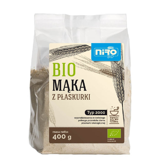 Bio Emmermehl von NIRO, 400 g, feines Vollkornmehl aus Emmerweizen, sichtbar in der Verpackung.