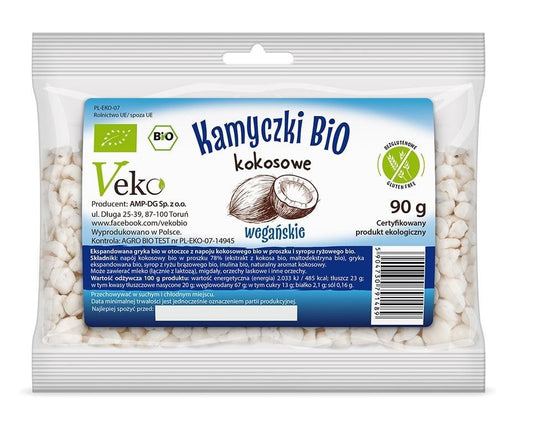 Bio glutenfreie Kokosnuss-Kiesel von VEKO, 90 g, in einer transparenten Verpackung, mit Kokosnussstücken sichtbar