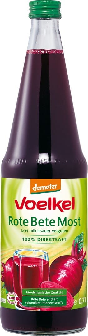 Eingelegter Rote-Bete-Saft BIO Demeter von VOELKEL in 700 ml Flasche, zeigt gläsern gefüllten Saft mit frischer roter Bete