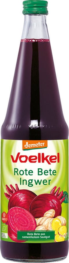 Bio eingelegter Rote-Bete-Saft mit Ingwersaft von VOELKEL in einer 700 ml Flasche, frisch und natürlich, sichtbar im Bild