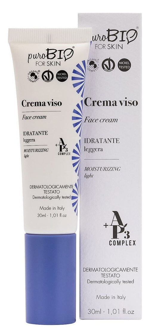 Feuchtigkeitsspendende Gesichtscreme für normale Haut von PUROBIO, 30 ml, cremige Textur, für gepflegte Haut.