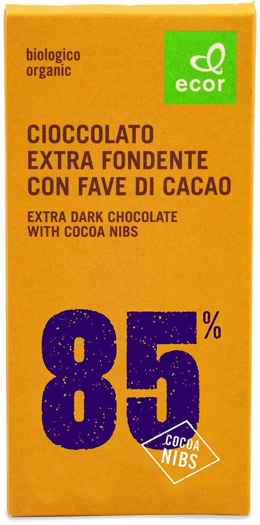 Dunkle Bio-Schokolade ECOR mit mindestens 85% Kakao und zerkleinerten Kakaobohnen, 80 g, detailreiche Schokoladentafel