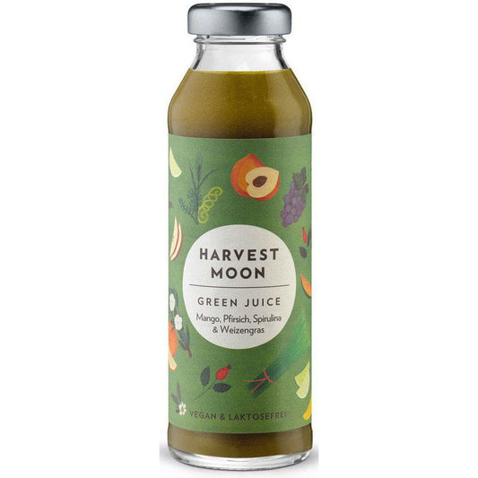 Bio Fruchtsaft mit Mango, Pfirsich, Spirulina und Weizengras von HARVEST MOON, 300 ml Flasche, zeigt den bunten Saft in einem Glas