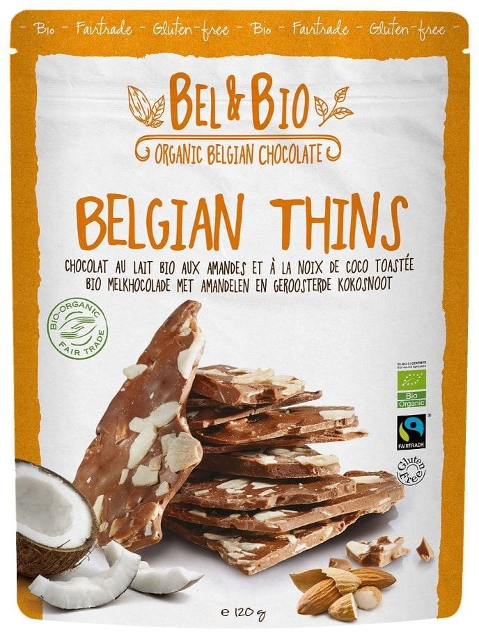 Vollmilchschokolade mit Mandeln und Kokosnuss von BEL & bio, glutenfrei, 120 g, BIO, sichtbare Stücke in der Schokolade