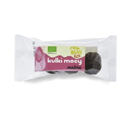 BIO Powerballs Himbeere von RAW SUN BITE, 39 g, mit fruchtigen Himbeeren und Nüssen in einer gesunden Energieball-Form.