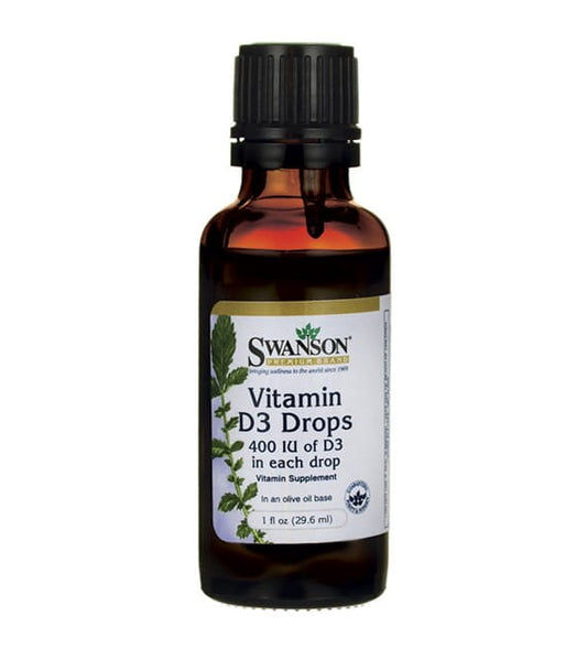 Flüssiges Vitamin D3 400 und Vitamin D3 Tropfen in 296ml Flasche von SWANSON, nahe Ansicht der Flasche und Tropfenzugabe