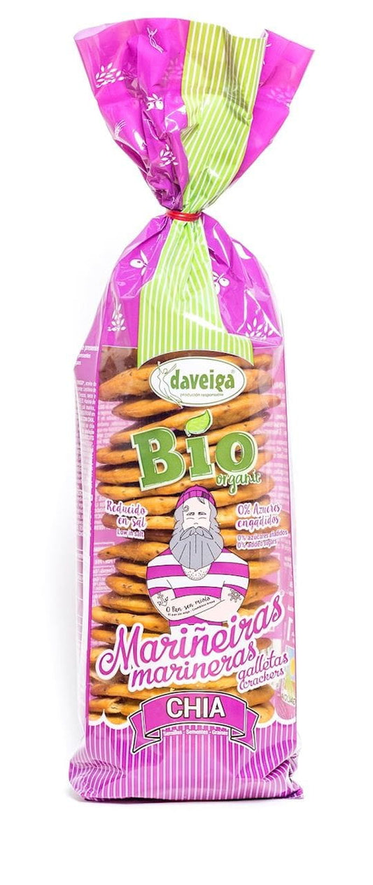 Bio Chia Cracker von DAVEIGA, 180 g, knusprige Snacks in einer weißen Verpackung mit Chia-Samen.