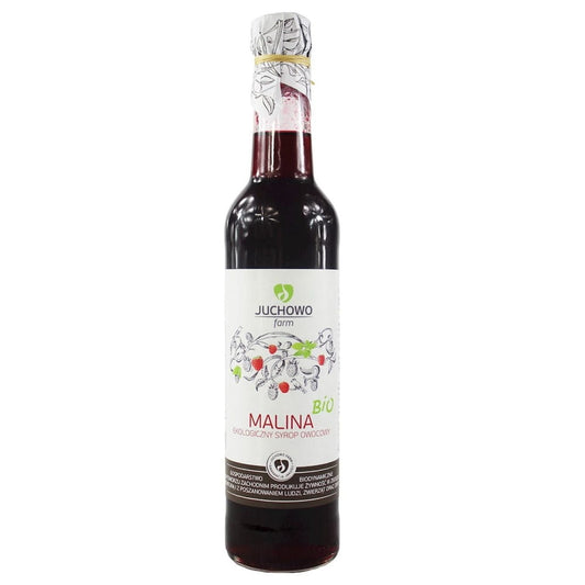 Bio-Himbeersirup von JUCHOWO in 400 ml Flasche, zeigt die cremige, rubinrote Konsistenz des Fruchtsirups.