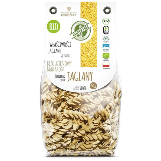Glutenfreie Bio-Fusilli aus Hirse von FABIJAŃSCY, 250 g, spiralförmige Nudeln auf weißem Hintergrund