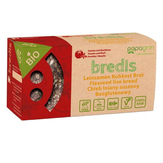 Getrocknetes, glutenfreies Leinenbrot mit Tomaten und Basilikum von PAPAGRIN, Bio, 70 g, knusprig und aromatisch