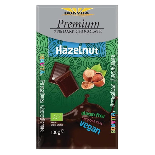 Dunkle Edelbitterschokolade mit 71% Kakao, laktosefreien Nüssen, glutenfrei, BIO, 100 g von BONVITA