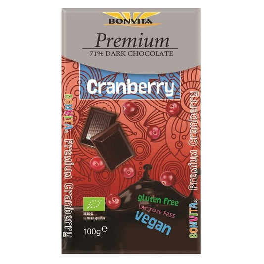 Dunkle Bio-Edelbitterschokolade mit 71% Kakao und Preiselbeeren, laktosefrei und glutenfrei, Bonvita, 100 g