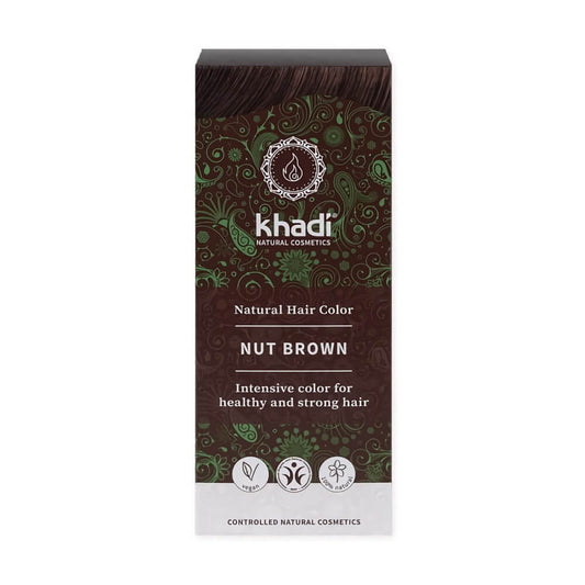 Hennafarben in Nussbraun von biogo, natürliche Henna-Paste für braune Haare, cremige Textur, in einem Behälter sichtbar
