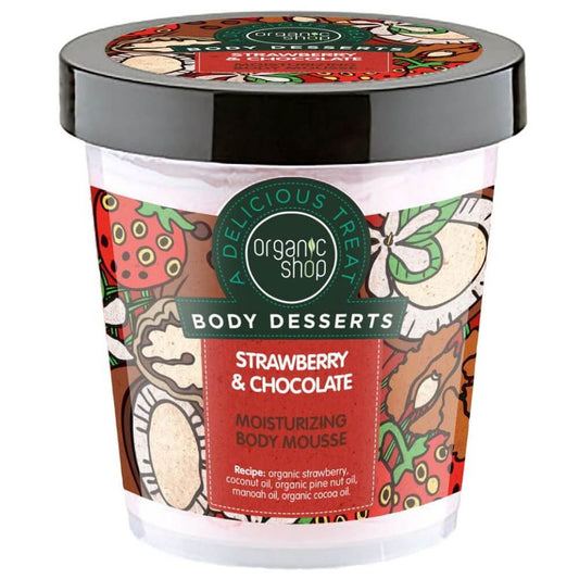 Erdbeer-Schokoladen-Körpermousse in 450 ml Glasbehälter von ORGANIC SHOP, cremige Pflege mit Erdbeer- und Schokoladenduft