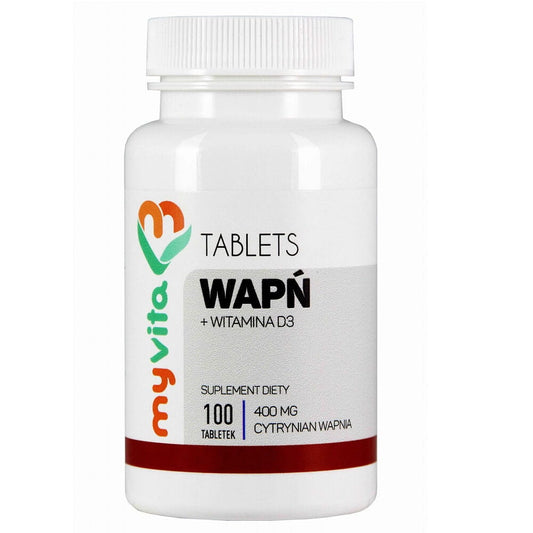 Calcium- und Vitamin D3-Tabletten von MYVITA, 100 Stück, Calciumcitrat 400mg und 3,5mcg Vitamin D3 in Tablettenform.