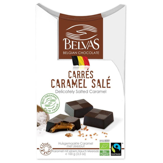 Belgische glutenfreie Bio-Karamell- und Salzschokolade von BELVAS, fair gehandelt, 100g, mit karamellisiertem Geschmack und Salznoten.