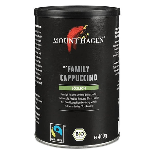 Bio Fairtrade Cappuccino Kaffee von Mount Hagen, 400 g, cremiger Kaffee für Familien, hochwertige Kaffeequalität, sichtbare Verpackung