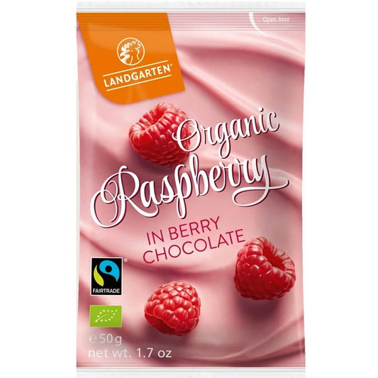 Gefriergetrocknete Himbeeren in weißer Schokolade mit Heidelbeergeschmack, glutenfrei, BIO, LANDGARTEN, 50 g