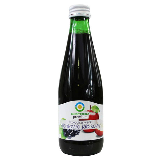 Bio Aronia- und Apfelsaft von BIO FOOD in 300 ml Flasche, frisch und natürlich, zeigt die Flasche mit Saft und Etikett