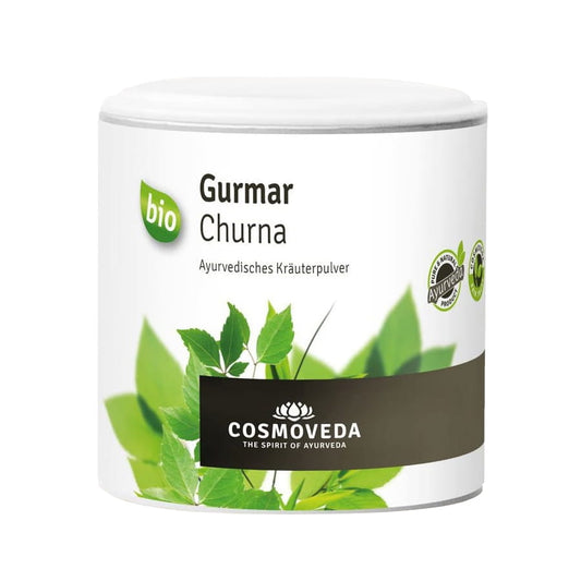 Bio Gurmar Churna Pulver von COSMOVEDA, 100 g, fein gemahlene Kräutermischung in einer transparenten Verpackung.